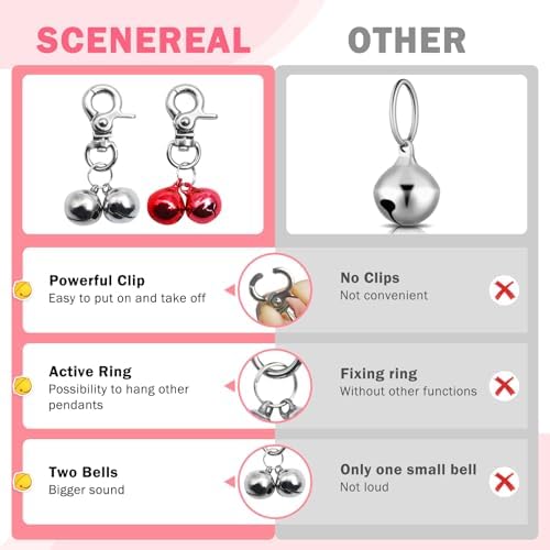 SCENEREAL Bells for Dog Collars - 2 Pack Pet Hanging Ring Bell Accessories for Dog & Cat, Pet Pendant Collar Charm with Heavy Duty Snap Clips, Sliver Bells for Tracking and Training Christmas Gift