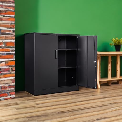 Metal Garage Storage Cabinet with 2 Doors and 2 Adjustable Shelves - 35.5" Steel Lockable File Counter Cabinet for Home Office,Garage,Gym,School（Black）