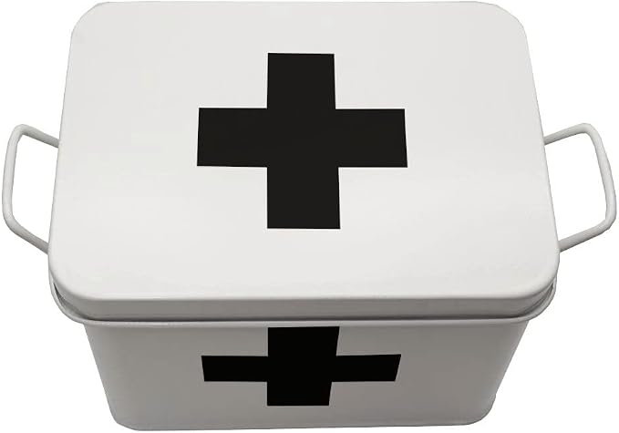 Lassos Boutique Retro Enameled First Aid Box for Medicine Storage and Home Decor with Lid and Removable Tray (White/Black)