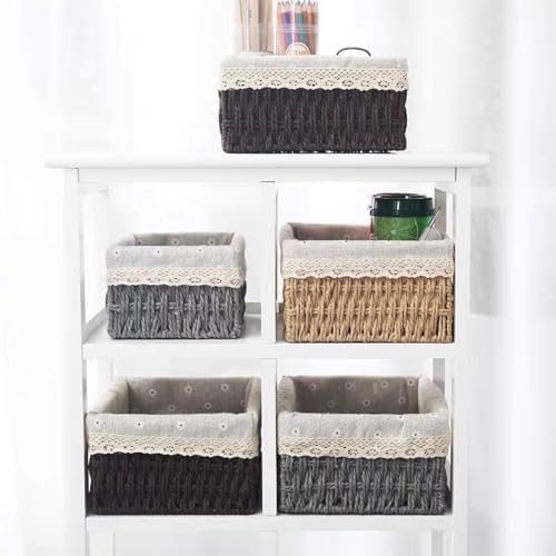 Wicker Baskets for Organizing,Natural Paper Rope Large Small Basket Set with Liner,Hand Woven Pantry Organizer & Storage for Women Girls Bathroom Living Room School Desk Shelves Décor(3 Pack Grey)