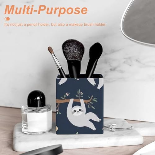 Fashion Leather Pen Holder Desktop Stationery Organizer Makeup Brush Cup Cute Sloth