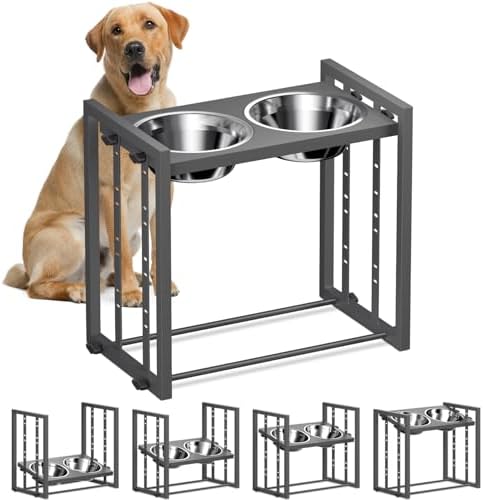Pawtners Elevated Dog Bowl for Medium Breed, Adjustable Raised Feeder, Grey