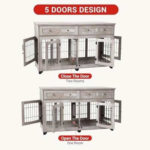 Large Dog Crate Furniture 58" with 2 Drawers & Divider | Heavy-Duty Wood Frame; Detachable Divider; Fits Two Dogs; Sturdy & Chew-Resistant; Easy Assembly; For Living Room Or Bedroom