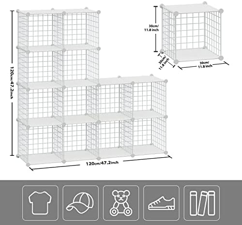 HUBSON Wire Cube Storage Organizer, Book/Toy/Craft/Potted Plants and petCloset Organizers and Storage Shelves, 12-Cube Freely Combinable Metal Grids Storage Shelf,White Plus Iron