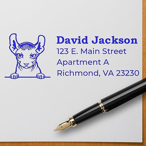Peeking Dwelf Cat Wood Handle Address Stamp - Personalized Rubber Stamp | Address Stamp for Thank You Notes. Any standard pad works. Dwelf Cat Snail Mail Stamp Customized. 4 lines of custom text.