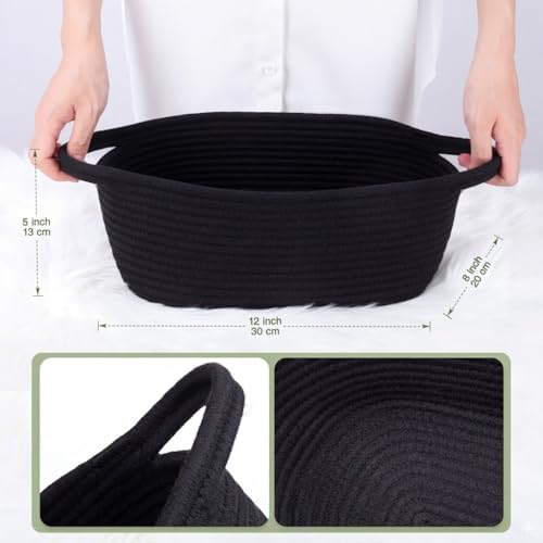 Gift Basket Empty with Handles, 12x8x5 inch - Small Woven Rope Basket for Man, Techer, Boys, Kids Toys, Bathroom - With Gift Bag & Ribbon, Perfect for Wedding, Birthday Gifting (Black, 1PC)
