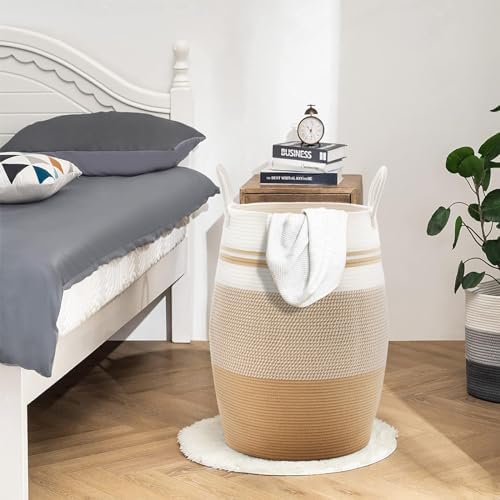 105L Extra Large Woven Laundry Hamper Basket with Heavy Duty Cotton Rope Handles for Clothes and Toys in Bedroom, Nursery Room, Bathroom