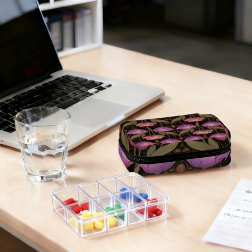 Travel Pill Organizer Vintage Pink Purple Tulips Small Pill Case