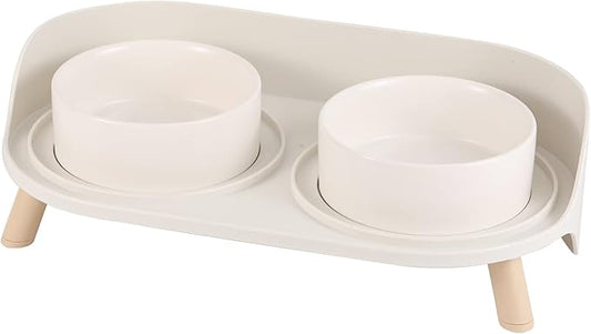 Raised Cat Food and Water Bowl Set - Elevated Ceramic Dishes with Non-Slip Stand and Splash Guard for Small Dogs - 2 x 320 ML (4.9 OZ) - White