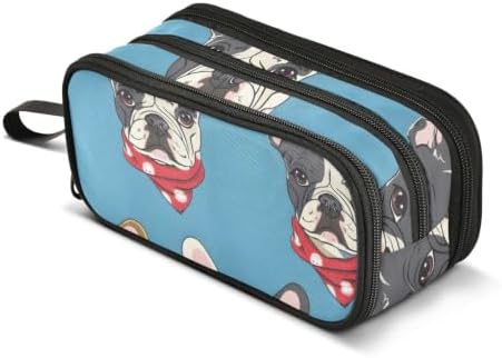 Pencil Case with Handle, Large Capacity Zipper Pencil Bag with 3 Compartments,Dog Seamless French Bulldog Vector Pet Puppy Cartoon Gift Pencil Pouch Organizer for Teen Girls Boy School&Colle