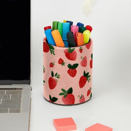 Faux Leather Pen Holder for Desk, Pencil Organizer Strawberry Pen Cup Desk Decor Makeup Brush Holder Storage for Office Home