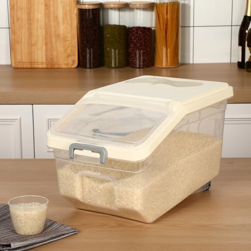 Sunnyray 4 Pcs Rice Storage Containers Bulk Flour Sugar Container Wheels Measuring Cups Set Airtight Pet Dog Cat Birds Food Bin Grain Cereal Organizer Box for Dry Baking(Beige,22 lb)