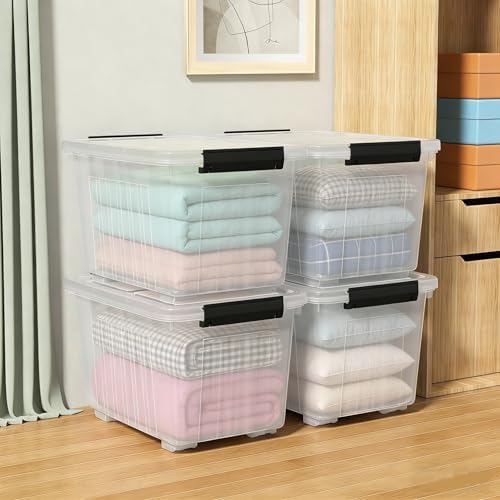 30 L Stackable Storage Bins with Lids, Clear Plastic Storage Containers, Stackable Organization Boxes with Secure Latching Lids/Wheels, Set of 4