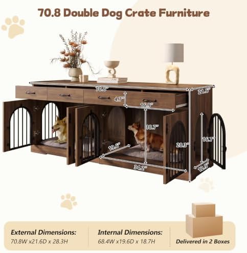 70.8" Large Dog Crate Furniture with Removable Divider/4 Storage Space | Multi‑Purpose Indoor Dog Kennel Works As Tv Stand End Table,Six Access Doors,For Small Medium Multi‑Dog Households