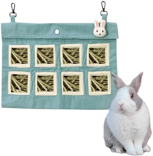 Rabbit Hay Feeder Bag with Cute Pendant, Storage Guinea Pig Feeder Rack Bag, Large Capacity Cotton Canvas Hanging Bag for Bunnies Chinchillas Guinea Pigs (Green,XL)