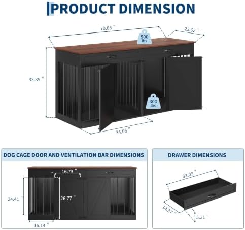 71'' Dog Crate Furniture for 2 Dogs, Dog Crate with 2 Drawer, Farmhouse Dog Crate with Removable Divider Dog Kennel Furniture, Heavy Duty Dog Cage and TV Stand for Large Medium Dogs