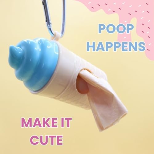 Ice Cream Dog Bag Dispenser | One Clip Doggie Poop Bag Holder | Bags Waste Container for Leash for Small Medium Large All Size Dogs | Cute and Fun Design | 15 Bags Included | Blue Color