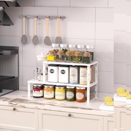 Heavy-Duty Adjustable Metal Shelf Organizer - Expandable & Stackable Pantry Storage Rack for Kitchen, Bathroom, RV, Cabinets(1 Pack/White, Large)