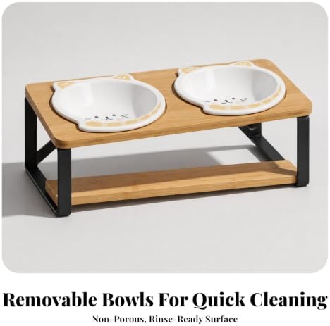 Cat Bowl Stand Elevated Feeder Raised Holder Double Dish Organizer Bamboo Wood and Iron Tilted Feeding Rack with Compact Footprint Suitable for Cats