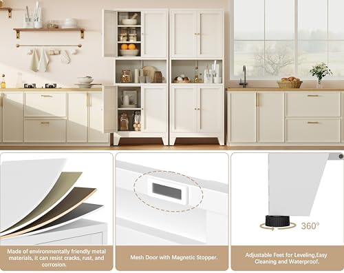 69"H Metal Storage Cabinet with Doors and Shelves,Tall White Cabinets,Bathroom Storage Cabinet,Large Cabinets with Glass Doors and Adjustable Shelves,Cabinet for Bathroom, Living Room, Dining Room