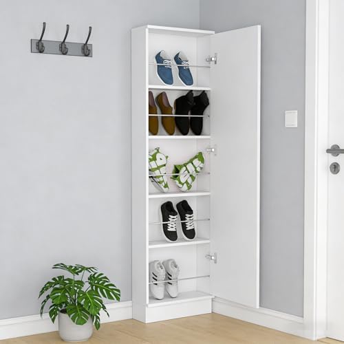 Shoe Cabinet with Mirror Modern Black Mirrored Shoe Storage Cabinet 67" Tall 5-Tier Shelves Narrow Shoe Storage Cabinet for Entryway Space Saving Furniture (Floor-Standing, White)