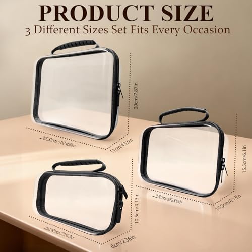 3 PCS Clear Zipper Pouches with Handle, Diaper Bag Organizer, Clear Makeup Bags Hardshell Toy Storage Bins with Zipper Toiletry Pouch Bag for Cosmetics Pencils Puzzles, Building Blocks(Black)