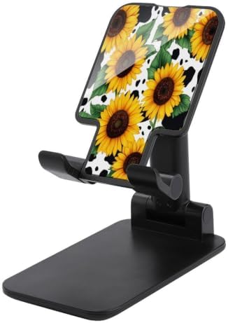Folding 80s Vintage Sunflower Cow Print Mobile Stand with Anti Slip Base | Convenient Charging Port, Lightweight, Cell Phone Holder, Desk Accessories, Travel Office