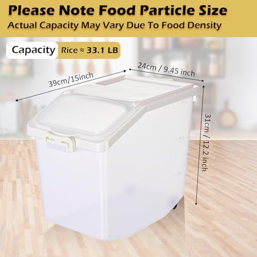 Sunnyray 4 Pcs Rice Storage Container 33.1 lb Airtight Flour Container with Wheels Measuring Cup White Pet Food Dog Cat Birds Food Bin Grain Cereal Organizer Box for Dry Baking Supplies