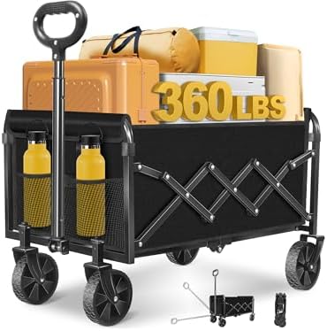 Collapsible Wagon Cart, Folding Cart with 360LBS Capacity, Black | All-Terrain Wheels & Flexible Handle, Heavy Duty Utility Wagon for Grocery Camping Garden Shopping Sports