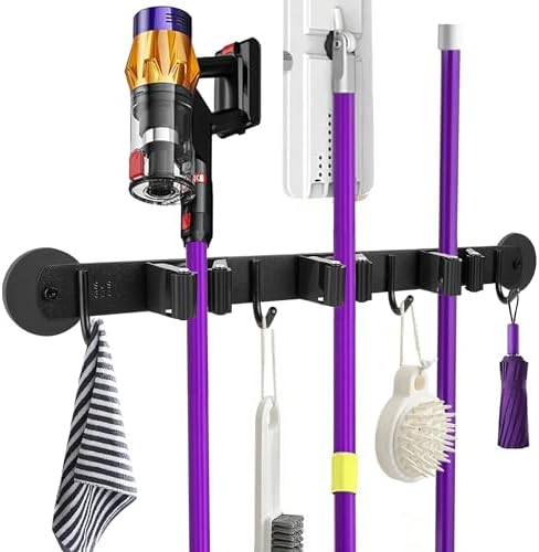 Magnetic Broom Holder Wall Mount - Heavy Duty Non-Slip Mop Hanger with 4 Hooks And 3 Rack, No Drill Tool Organizer for Refrigerator,Garage,Laundry Room (Black, 3Racks 4Hooks)