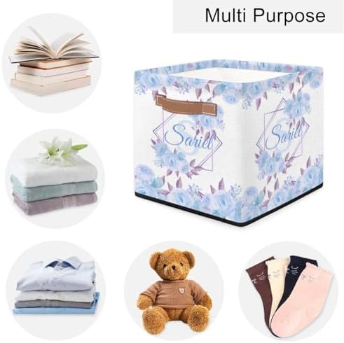 Personalized Storage Baskets for Organizing, Foldable Storage Bins with Handles Custom Cute Basket for Boys, Girls, Pet, Clothes, Blanket, Bedroom Nursery Toy Storage Gift,13 x13 x13 Inch, Blue Flower
