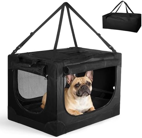 24 Inch Collapsible Soft Dog Crate for Small Dogs, Travel Dog Crate Black | Portable Dog Crate Soft Sided, 4-sided Mesh Vents, Foldable with Storage Bag, Fit Small Dogs & Large Cats, Indoor/Outdoor
