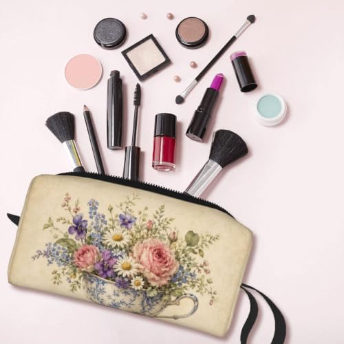 Teacup Small Makeup Bag, 600D Oxford Cosmetic Pouch for Women | Teacup Cosmetic Bag and Toiletry Pouch with Double-Sided Print and Foam Padding for Women, Travel, Gym, Weekend and Daily Use