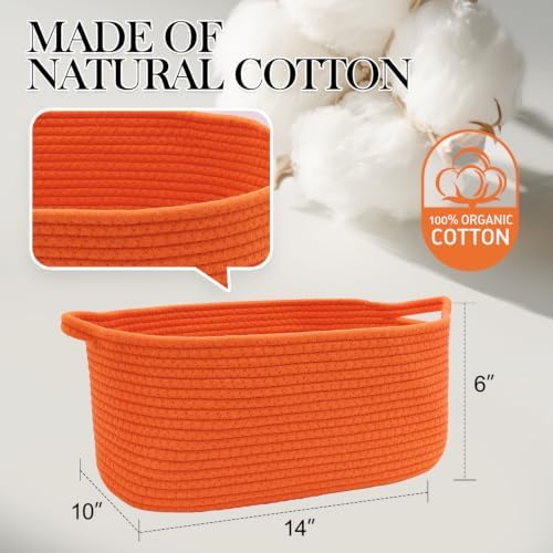 Woven Basket with Gift Bags and Ribbons, 14"X10"X6" Storage Basket Orange | Gift Storage Organizer Basket Bin Shelf Shelves Cotton Rope Basket for Nursery, Pet Toys