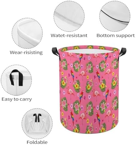 Portable Laundry Hamper with Handles Flamingos Flower Parrot Palm Pink Summer Holiday, Foldable Waterproof Clothes Basket for Bedroom, Nursery, and Bathroom Storage