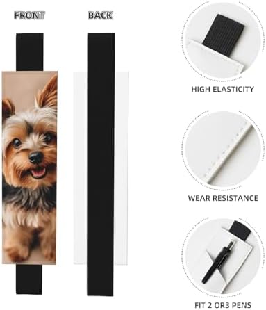 Cute Pet Yorkie Leather Pen Holder Bookmark with Elastic Band, PVC Notebook Pen Sleeve Case, Portable Pencil Pouch Bookmark
