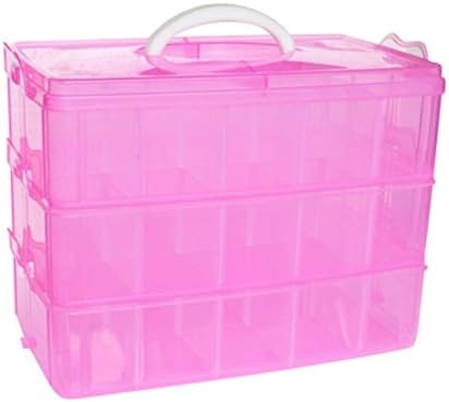 Kamay's Extra Large 3 Tier Stackable Adjustable Compartment Slot Bead Craft Jewellery Tool Storage Organiser Snap-lock Tray Container, with 30 Compartments, Container Box, Pink