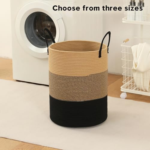 Laundry Basket Hamper Tall Rope Storage Woven for Blanket toys Dirty Clothes in Living Room Bathroom Bedroom (Jute Brown & Black, 60L/15.8Gal)