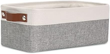 DULLEMELO Fabric Bathroom Storage Bin with Leather Handles, Narrow Organizer for Towels, Toilet Paper Rolls, Storage Basket for Back of Toilet, Vanities, Shelves & Cabinets (White&Gray)