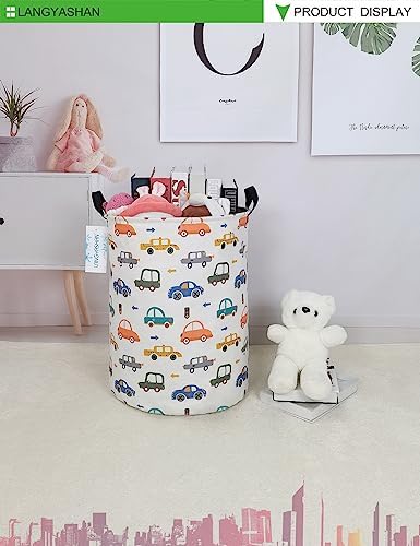 Round Laundry Basket Collapsible Storage Hamper with Car Print | Waterproof Canvas Foldable Baskets with sturdy Handles Multi-scene Organizer for Home Play Bedroom Gift Bin