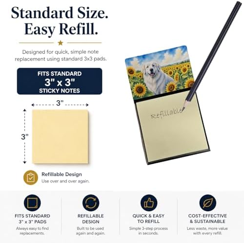 Caroline's Treasures Great Pyrenees in Sunflowers Watercolor Sticky Note Holder Refillable Dispenser Desk Accessory 3x3 Pad Gift
