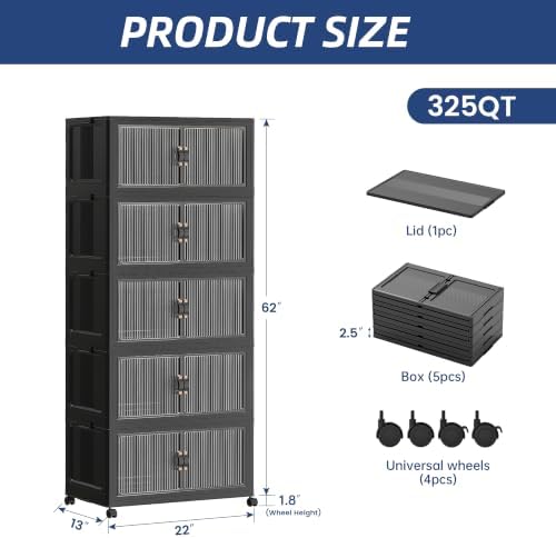SAILUN 325Qt Stackable Storage Bins,Storage Cabinet with a Lid,5 Pack Black