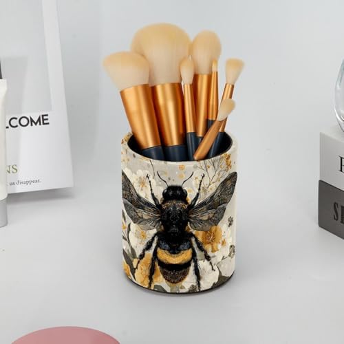 Faux Leather Pen Holder for Desk, Pencil Organizer Cute Bee Pen Cup Desk Decor Makeup Brush Holder Storage for Office Home