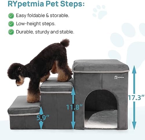 Foldable Pet Stairs with Cozy House & Storage