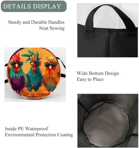 Funny Chicken Laundry Basket Hamper, Organizer Bins Gifts for Women Kids, Cool Rooster Farmhouse Foldable Waterproof Clothes Hamper Handles Storage Bucket for Bedroom Bathroom Room Decor 19.7"x15.7"