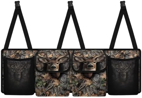 Deer Theme Hanging Organizer for Car Trunk Auto Back Seat Storage Bag with 2 Pockets 2 Mesh Pouches Collapsible Detachable Automotive Interior Accessories