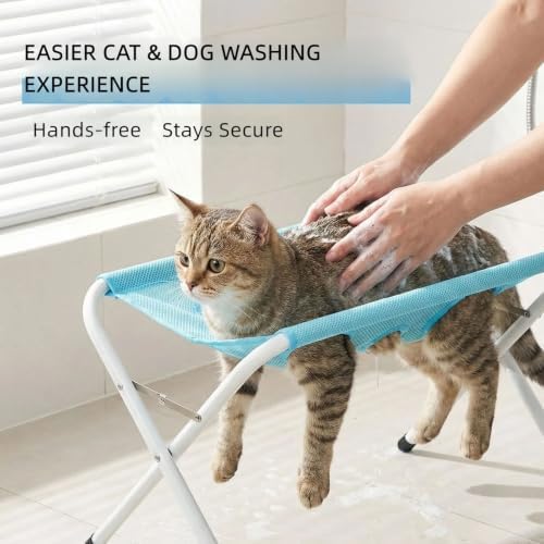 Foldable Pet Bathing Stand, Portable Grooming Rack 10kg | Triangular Steel Frame, Breathable Mesh Net, 8 Hole Restraint, Space Saving Folding Design