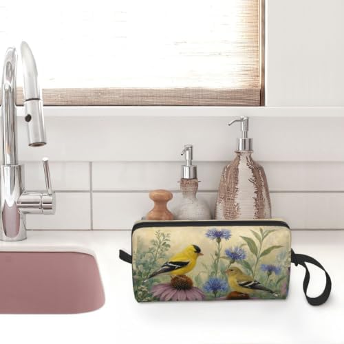 Goldfinch Pair on Coneflowers Makeup Bag for Women Wrist Strap | Double-Sided Goldfinch Garden Cosmetic Organizer with Foam Padding for Women, Travel, Gym, School, and Daily Storage