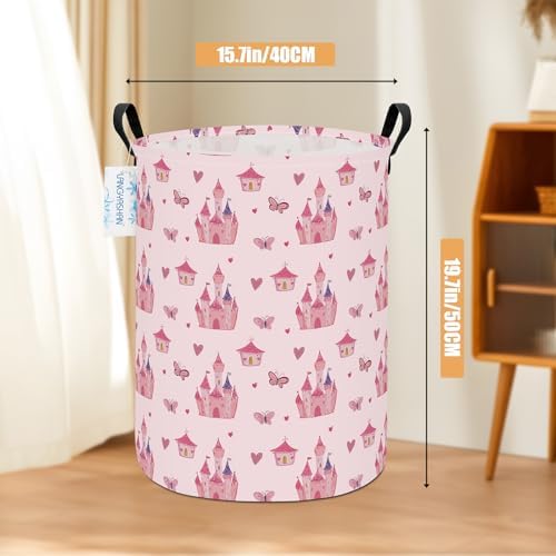 Round Laundry Basket Collapsible Storage Hamper Pink Castle | Waterproof Canvas Foldable Baskets with sturdy Handles Multi-scene Organizer for Home Play Bedroom Gift Bin