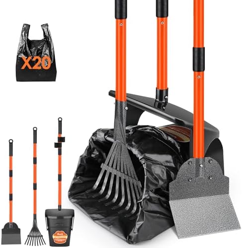 SlowTon Dog Pooper Scooper, 37.4" Long Handle Poop Scoop for Large Dogs | Adjustable, Portable, Non Breakable, with 20 Waste Bags, Swivel Extra Large Bin & Rake & Spade Kit, for Gravel Lawn Grass